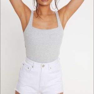 PrettyLittleThing Grey Ribbed Square Neck Bodysuit